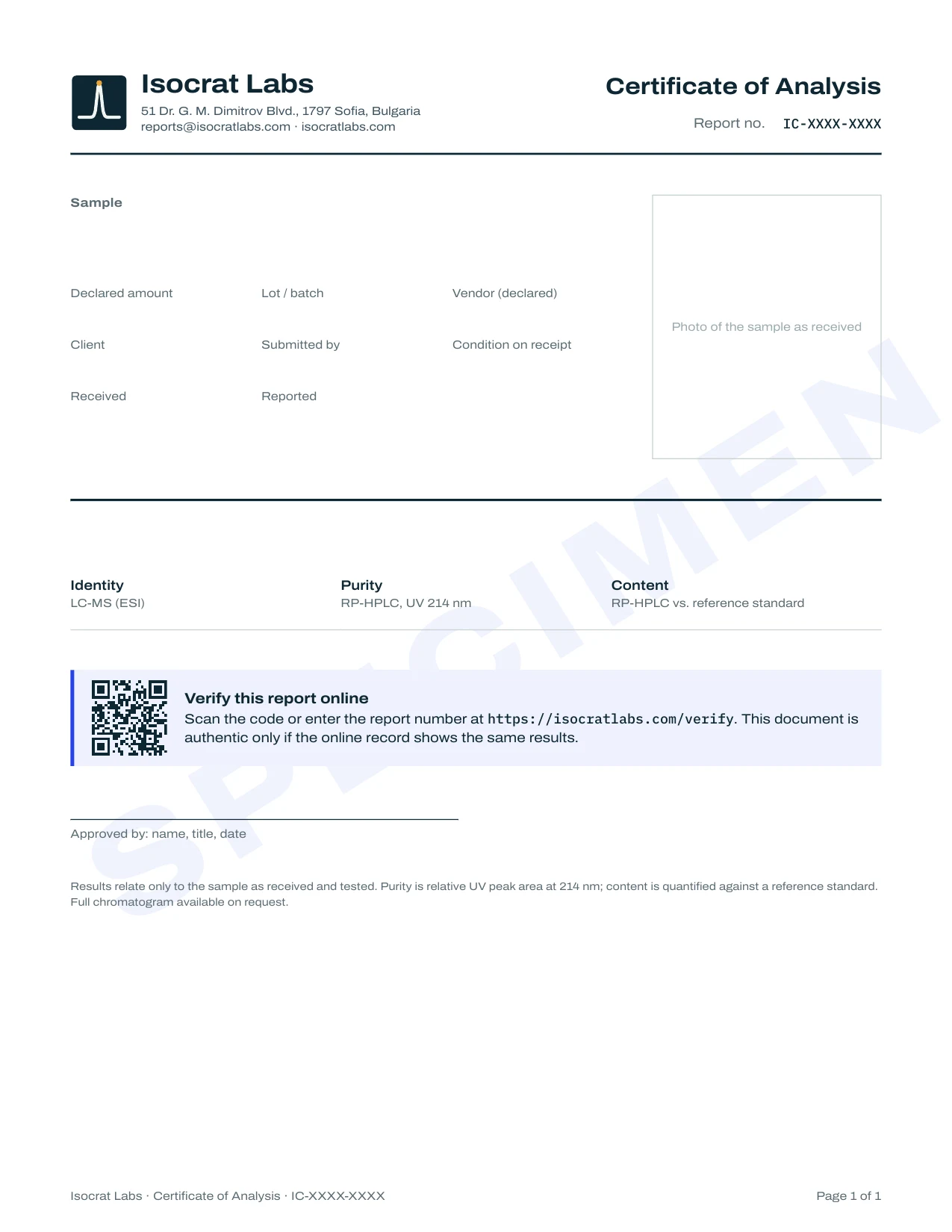 Blank Isocrat Labs certificate of analysis, marked specimen