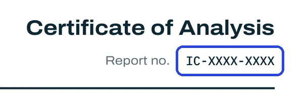Top right corner of a certificate, with the report number IC-XXXX-XXXX outlined